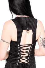 Load image into Gallery viewer, Model wearing a black pinstripe top on white background