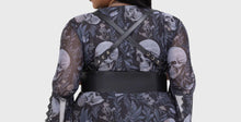 Load image into Gallery viewer, Model wearing a black outfit with harness on a white background