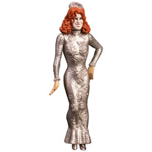 Load image into Gallery viewer, Figure in a silver dress with floral patterns on a white background