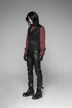 Load image into Gallery viewer, Person wearing a black leather outfit with a red shirt on a gray background