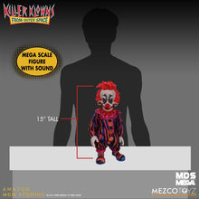 Load image into Gallery viewer, Promotional image of a 15-inch tall clown figure with sound, shown against a silhouette of a person.
