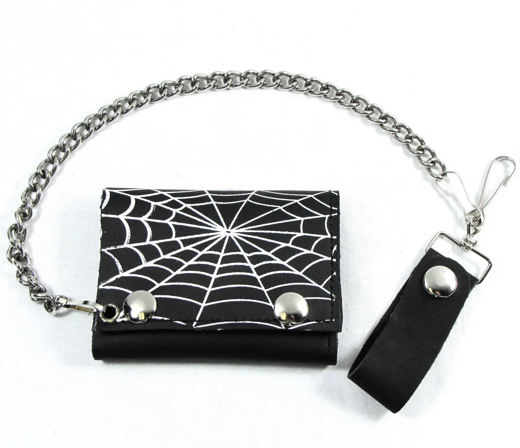 Black Leather Tri-Fold Wallet w/ White Spiderwebs – Hot Rock Hollywood