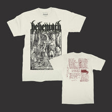 Load image into Gallery viewer, Natural white Behemoth shirt with logo on the top, Jesus on the cross artwork on the front center, and text on the back.