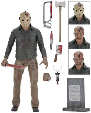 Load image into Gallery viewer, Based on Jason Voorhees from the 1984 film Friday the 13th: The Final Chapter. Figure comes with 2 masks, 2 interchangeable head sculpts, knife, corkscrew, tombstone, hacksaw, cleaver, machete and axe. Machete can slide into Jason's head. Action figure is in a window friendly box perfect for collectors.