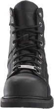 Load image into Gallery viewer, black leather ankle height boots with harley davidson metal emblem on side front view