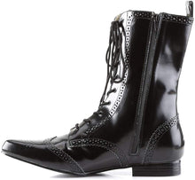 Load image into Gallery viewer, left side view of black vegan leather pointy toe ankle high 1" heel boot with 10 eyelet lace-up front with full left side zipper