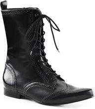 Load image into Gallery viewer, right side view of black vegan leather pointy toe ankle high 1" heel boot with 10 eyelet lace-up front