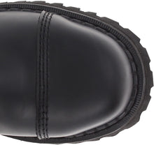 Load image into Gallery viewer, upper top view of Real black leather, 1 1/4" platform, 14 eyelet mid-calf combat with steel toe. Full lace-up, no zipper.