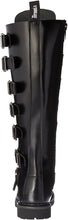 Load image into Gallery viewer, back side view of Real black leather 1 1/2'' heel, 30 eyelet, knee high boot with steel toe, 7 metal plate straps on front and full inner side zipper.