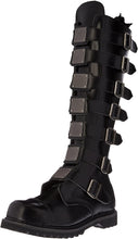 Load image into Gallery viewer, outer view of Real black leather 1 1/2'' heel, 30 eyelet, knee high boot with steel toe, 7 metal plate straps on front and full inner side zipper.