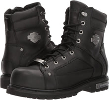 Load image into Gallery viewer, black leather ankle height boots with harley davidson metal emblem on side