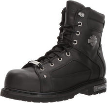 Load image into Gallery viewer, black leather ankle height boots with harley davidson metal emblem on side