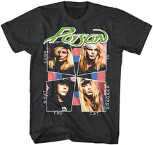 Load image into Gallery viewer, gray/black unisex poison shirt with green logo on top, band collage photo in the middle, and white text around graphic that reads "look what the cat dragged in"