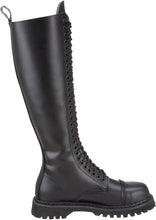Load image into Gallery viewer, inner side view of Real black leather 1 1/4" platform  20 eyelet combat biker goth steel toe Knee-high boot Full lace-up, no Zipper