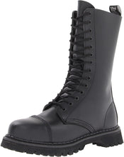 Load image into Gallery viewer, outer view of Real black leather, 1 1/4" platform, 14 eyelet mid-calf combat with steel toe. Full lace-up, no zipper.