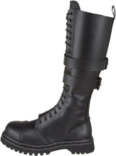Load image into Gallery viewer, outer side view of Real black leather, 1 1/4" heel knee-high steel toe boot with full inside zipper.