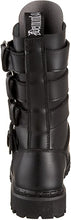 Load image into Gallery viewer, back side view of real black leather mid-calf boot, full front lace-up, no zipper, features 4 silver pyramid studded adjustable straps that cover laces