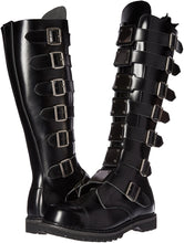 Load image into Gallery viewer, Real black leather 1 1/2'' heel, 30 eyelet, knee high boot with steel toe, 7 metal plate straps on front and full inner side zipper.