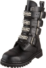 Load image into Gallery viewer, outer side view of real black leather mid-calf boot, full front lace-up, no zipper, features 4 silver pyramid studded adjustable straps that cover laces