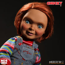 Load image into Gallery viewer, Chucky good guy doll with classic striped shirt and overalls.
