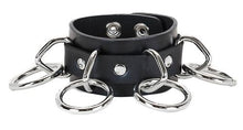 Load image into Gallery viewer, black leather bracelet with five silver d rings with five hanging silver o rings attached