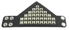 Load image into Gallery viewer, triangular shaped black leather bracelet with multiple rows of silver pyramid studs