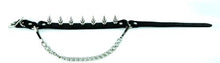 Load image into Gallery viewer, black leather bootstrap with multiple 1&quot; silver spikes and silver hanging chain
