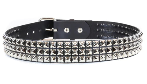 Stud Belt in Real Leather with 3 Rows of Pyramid Studs