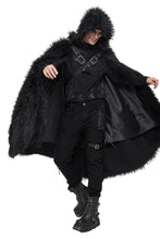 Load image into Gallery viewer, model showing front of cloak with hood up