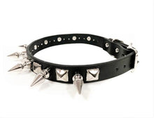 Load image into Gallery viewer, black leather collar with single row of silver spikes and silver pyramid studs