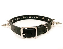 Load image into Gallery viewer, black leather collar with single row of silver spikes and silver pyramid studs. shows adjustable buckle closure