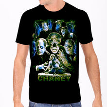 Load image into Gallery viewer, model wearing Black t-shirt with Lon Chaney collage, featuring a picture of Frankenstein's monster, The Phantom of the Opera, Wolfman, The Mummy, The Hunchback of Notre Dame and The Man in the Beaver Hat.