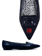 Load image into Gallery viewer, Black flats with pointy toe. Top of flats have silver Ouija board planchette print with red center. Inside sole of shoe is a black and white spiderweb-like pentagram print.