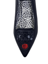Load image into Gallery viewer, top of Black flats with pointy toe. Top of flats have silver Ouija board planchette print with red center. Inside sole of shoe is a black and white spiderweb-like pentagram print.