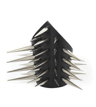 Load image into Gallery viewer, triangular shaped black leather gauntlet bracelet with multiple rows of two inch silver needle spikes