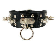 Load image into Gallery viewer, Black patent leather shiny collar with silver spikes, silver rivet studs, and 1" silver O ring hanging from a silver D ring in front center.