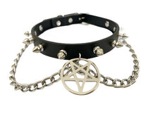 Load image into Gallery viewer, Black leather collar with 1/2" silver spikes, silver chain detail, and 2" silver inverted pentagram hanging from front center.