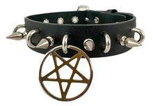 Load image into Gallery viewer, Black leather collar with 1" silver spikes, silver U ring detail, and 2" silver inverted pentagram hanging from front center.