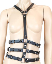 Load image into Gallery viewer, mannequin displaying front of black leather y shaped body harness. shows three adjustable buckles on each side of torso and silver o ring details