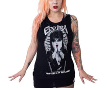 Load image into Gallery viewer, model wearing Elvira Mistress of the Dark tank top/sleeveless t-shirt. Shirt features bats and Elvira in a coffin shaped design.