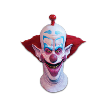 Load image into Gallery viewer, latex mask of slim the clown from killer klowns from outer space. mask has red hair on top and sides