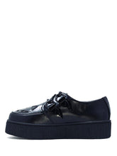 Load image into Gallery viewer, side of Black vegan leather creeper shoes with Jack-O-Lantern cut out face on top of shoe. Shoe has black round laces. Shoes are 100% vegan leather and black rubber outsole.