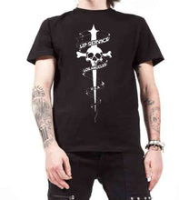 Load image into Gallery viewer, front of Black t-shirt with large classic Lip Service dagger print on the front