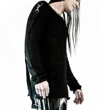 Load image into Gallery viewer, front side view of unisex Black semi sheer knit fabric with stretch fit. Sweater has removable back straps with D-ring details.