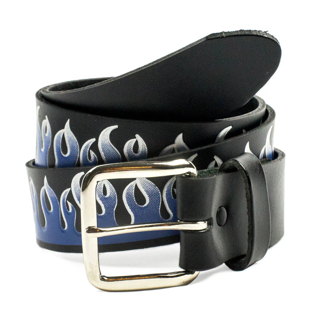 Black Leather Belt w/ Blue Flame Detail – Hot Rock Hollywood display picture 2
