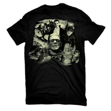 Load image into Gallery viewer, All of your favorite Universal Monsters on this officially licensed men's t-shirt with glow in the dark graphic printed on a slightly fitted, high quality shirt.