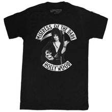 Load image into Gallery viewer, front of Black t-shirt with print of Elvira on front side. Print shows Elvira holding a skeleton and scythe. Top of shirt says "MISTRESS OF THE DARK" bottom says "HOLLYWOOD.
