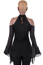 Load image into Gallery viewer, back view of black long sleeve top with high neckline, lace-up detail on the chest, statement mesh long sleeves and cold shoulders.