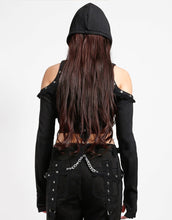 Load image into Gallery viewer, back of Black hoodie with gothic Lolita details. Hoodie has long sleeves that have thumb holes and black lace around the hands. Shoulders are open, and have edges of black on black lace details, as well as silver rivet details around the edge. Front of hoodie zips up, and has black on black lacey lace-up panels on right and left of zipper. Hoodie has black hood.