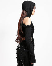Load image into Gallery viewer, side of Black hoodie with gothic Lolita details. Hoodie has long sleeves that have thumb holes and black lace around the hands. Shoulders are open, and have edges of black on black lace details, as well as silver rivet details around the edge. Front of hoodie zips up, and has black on black lacey lace-up panels on right and left of zipper. Hoodie has black hood.